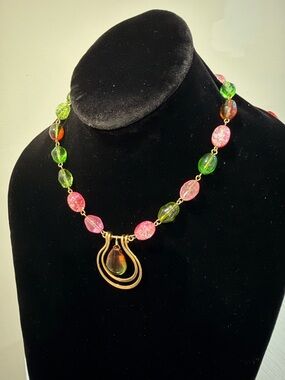 Colorful Glass Bead Pendant Necklace - Pink & Green